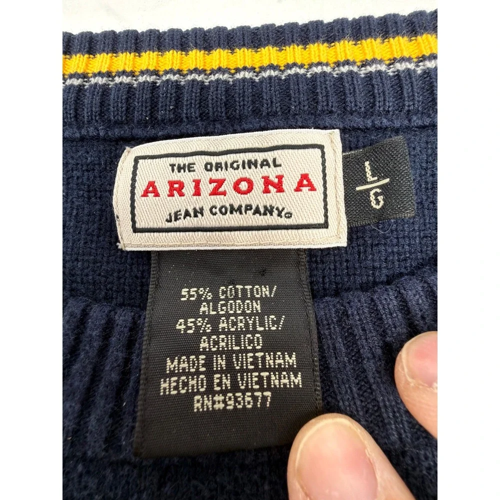 Vintage Arizona Jean Co Striped Ribbed Sweater Navy‎ Yellow Crewneck Mens Large